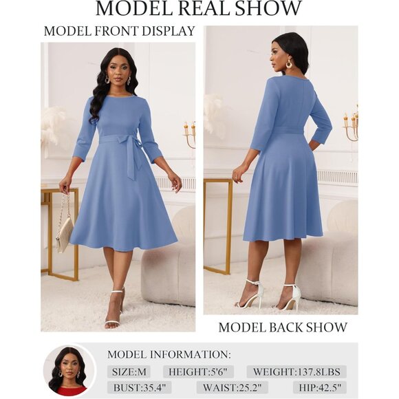 Women's Dusty Blue 3/4 Sleeve Vintage Flattering A-line Vintage Cocktail Dresses - Picture 3 of 5